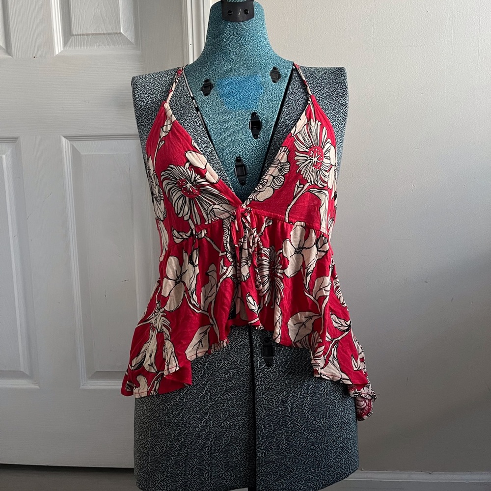 Urban outfitters red floral deep v halter top